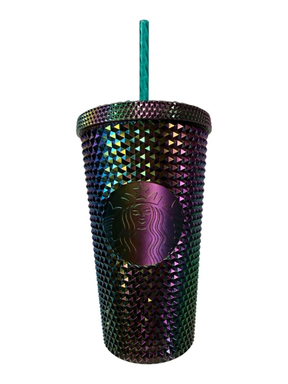 Starbucks Cold Cup Tumbler Short, Oil Slick Iridescent, Black Purple Lid, Straw